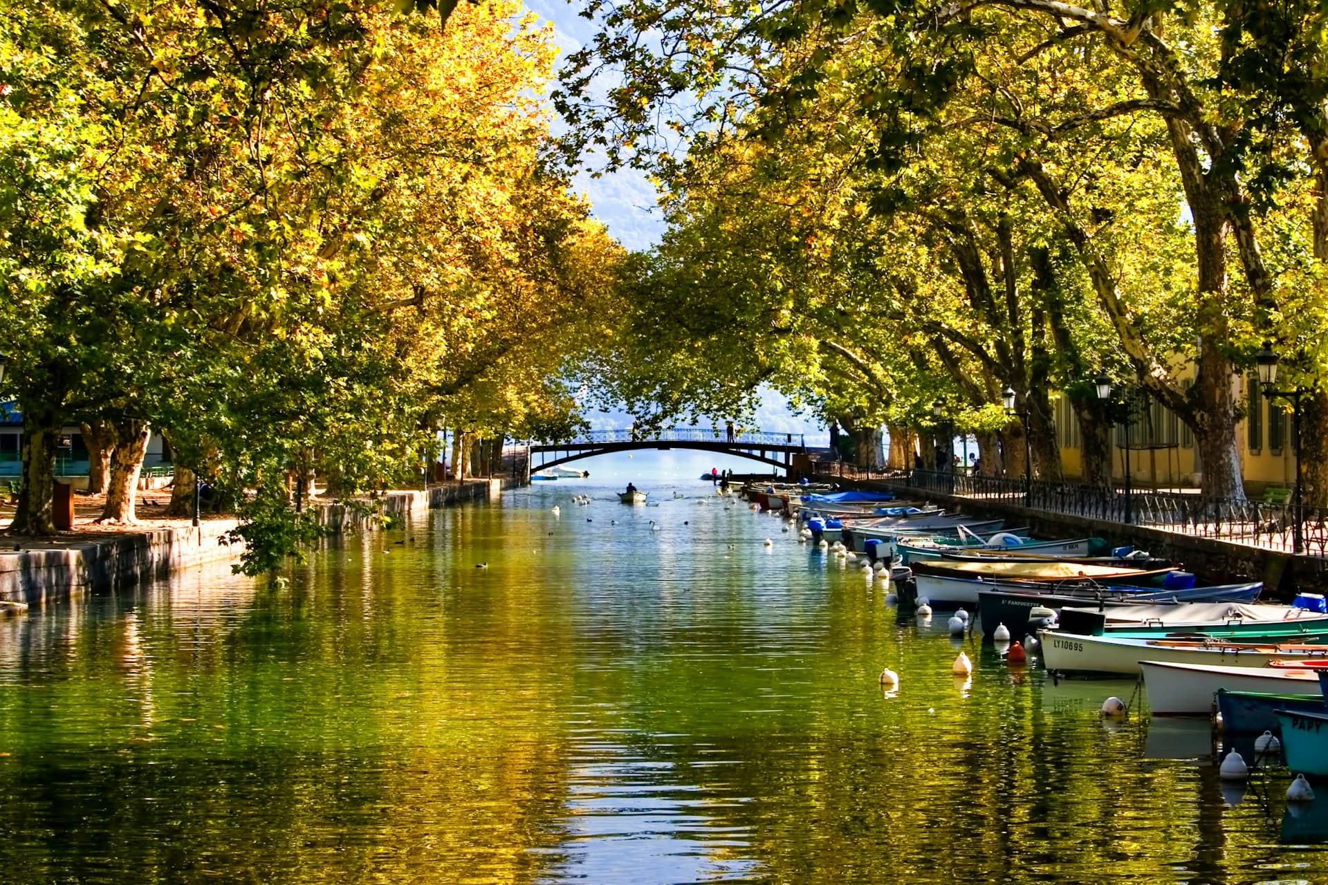 Bateaux amarrés sur le canal du Vassé à Annecy
